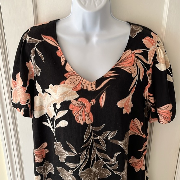 Linen Blend V Neck Dress Black Peach Tropic Floral Print Sz Medium Light Beachy - Picture 4 of 17